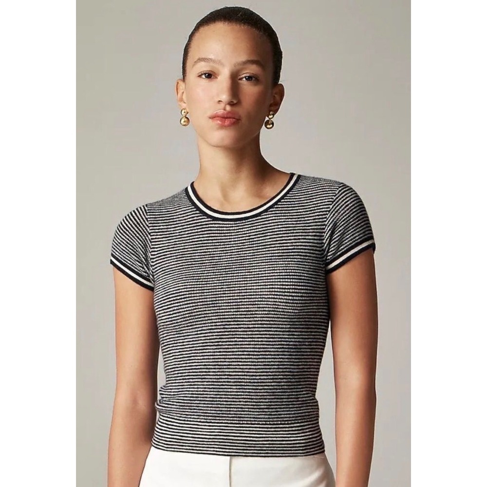 J.Crew Womens Size XS Striped 100% Cashmere Sweater Tee Navy Cream Parisian Luxe